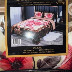 REVERSIBLE Brown w/ Flowers Flannel Sherpa 3pc Comforter Set NEW CALI KING